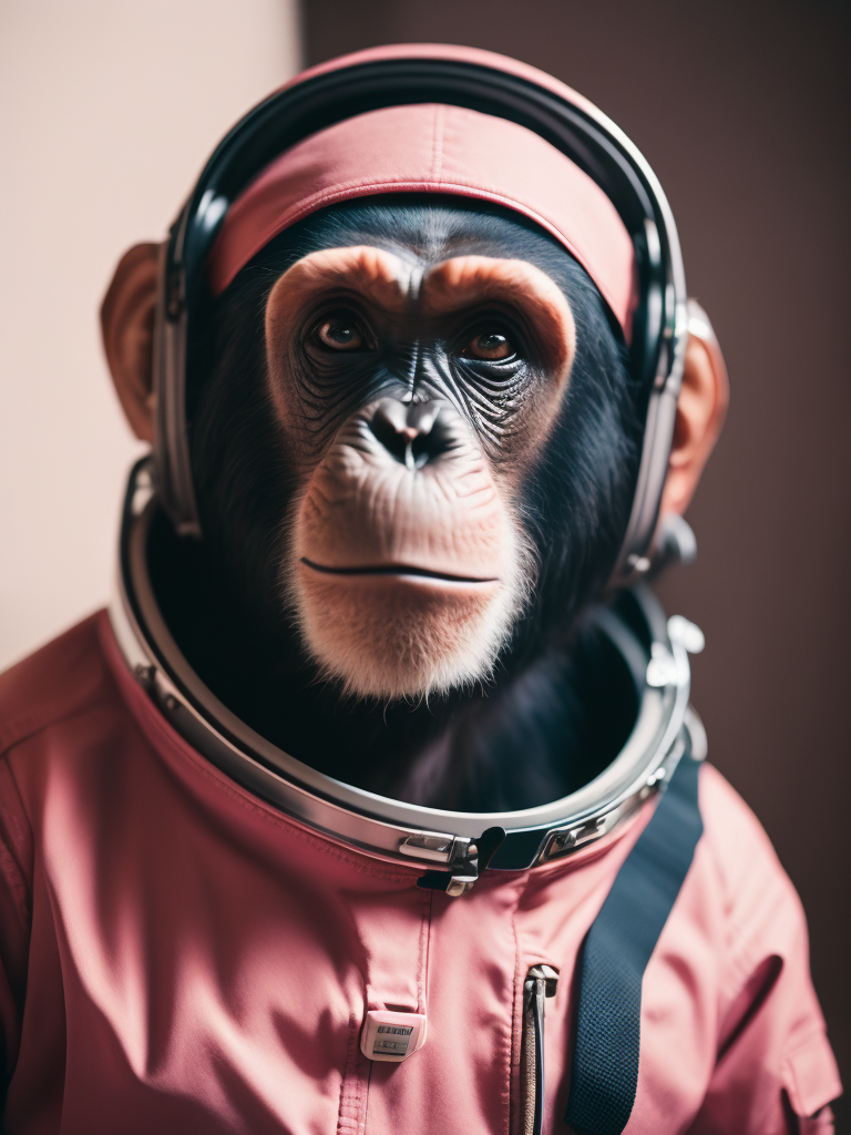 A chimpanzee going to space, wearing pink color astronaut suit, Vivid saturated colors, Contrast light, studio photo, professional photo, Detailed image, detailed face