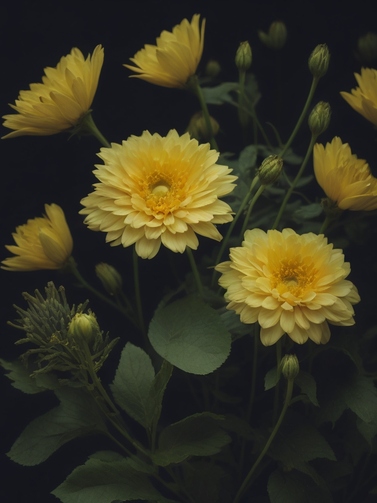 yellow flowers, dark atmosphere, deep colors, clear details