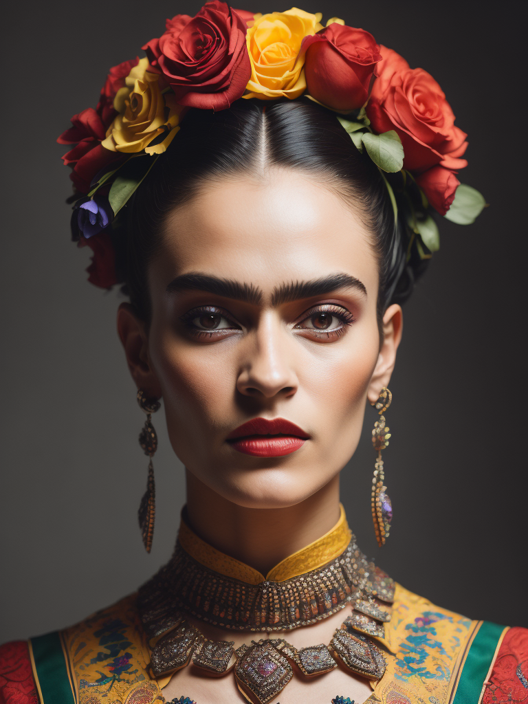 Portrait of Frida kahlo, bright and saturated colors, elegant, highly detailed, vogue, fashion magazine, sharp focus, Bright expressive makeup, Dramatic Lighting, Depth of field, Incredibly high detailed, blurred background