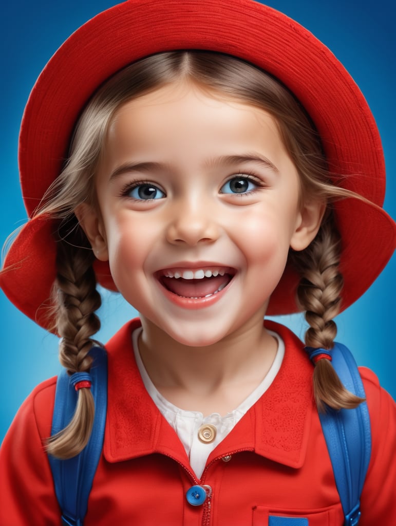 photo happy little girl going to travel, cute girl, dressed in all red, blue background, harpers bizarre, cover, headshot, hyper realistic