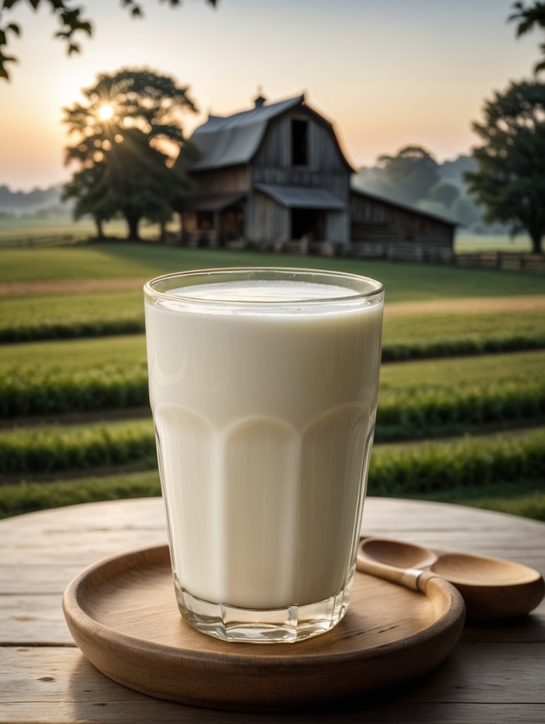 A mockup of a glass of milk, early morning, farm blurred background