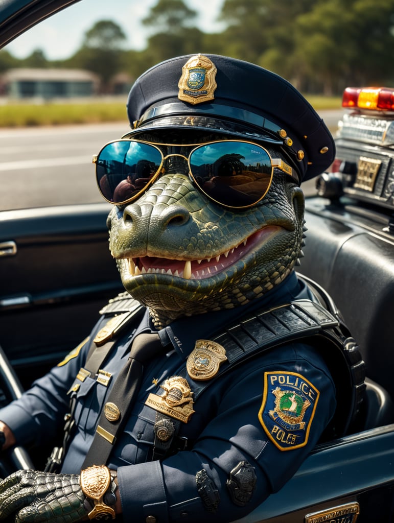 Alligator police officer, sitting behind the wheel of a police car, close-up shot, sunglasses, clipart, stock photo