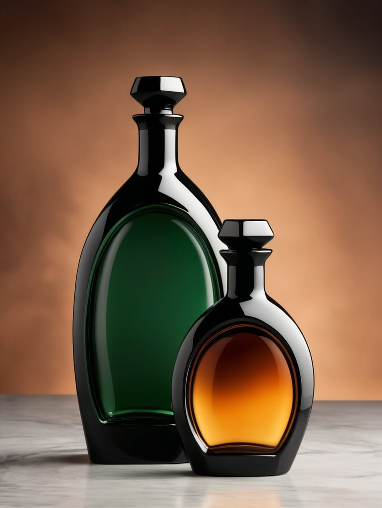 botella de tequila luxury de material ceramico negro con difuminado verde y ambar hexagonal y alta sin etiquetas, tapadera de con textura de basalto.