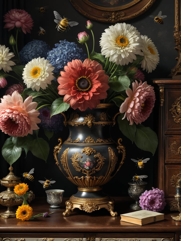 Bos bloemen in antieke vaas op antiek secretaire met vliegende bij