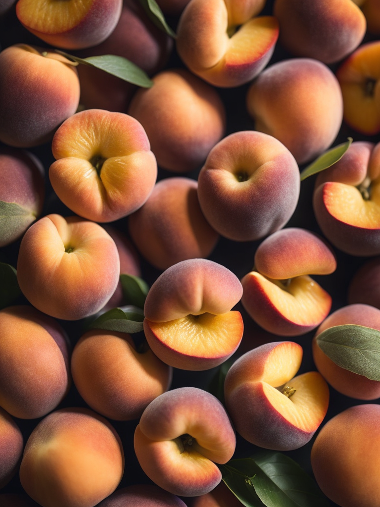 Peaches pattern with green leaves, detailed Peaches, macro photo