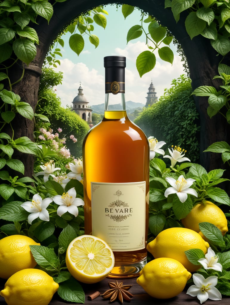 Un'illustrazione stilizzata di un giardino lussureggiante con alberi di limoni e lime, piante di menta e fiori di gelsomino. Nel centro del giardino, potresti rappresentare una bottiglia stilizzata del prodotto con una combinazione di colori che richiamano le tonalità dei vari ingredienti, come verde per il lime, giallo per il limone e così via. Aggiungi dettagli eleganti e sofisticati per suggerire le note di COGNAC, IRISWOOD, CLOVE e VETIVER, magari incorporando sfumature di legno e spezie. Nel background, potresti inserire immagini di quercia (per OAK), incenso bruciato e foglie di tabacco. Infine, per rappresentare la profumazione finale di MUSK, puoi inserire un tocco di sensuale eleganza, magari con una sfumatura di rosa pallida.