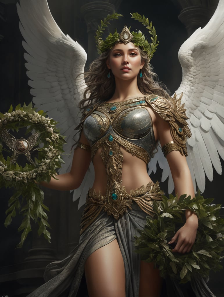 nike winged goddess holding a wreath of laurel leaves with her right arm