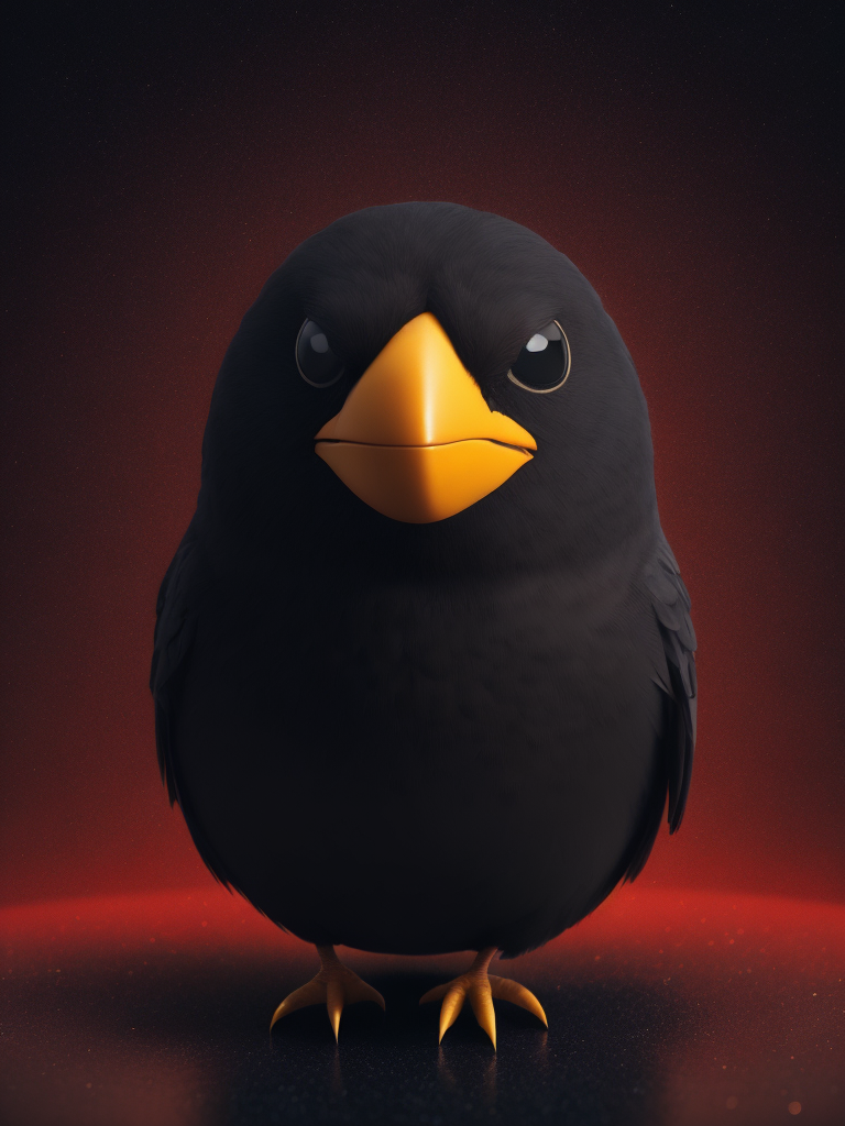 angry birds, black round bird on red background, standing centered in 3D style, rendered using beautiful Disney animation, Pixar style, Disney style, 3D style