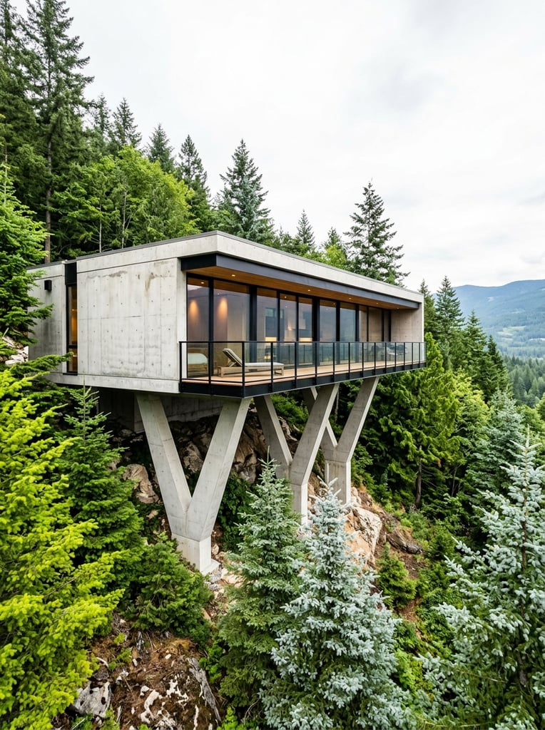 A sleek modern concrete house rests on a steep hillside, elevated by geometric V-shaped pillars. The rectangular structure features a flat roof, floor-to-ceiling glass windows, and a transparent balcony railing. A dense forest of bright green and silvery-blue evergreen trees completely surrounds the architecture. Captured in a photorealistic architectural rendering style under bright diffused daylight, the slightly elevated wide-angle perspective highlights the bold contrast between brutalist geometry and the rugged natural terrain.