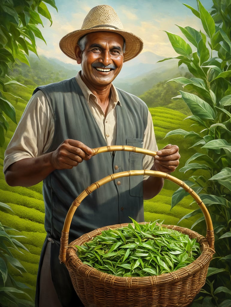 smiling Indian tea farmer holding green tea leaves in a bamboo basket in his hands, tea lover , farming life, tea harvest, tea leaves, tea plantation, fresh harvest, tea production, handcrafted tea, tea indulgence,