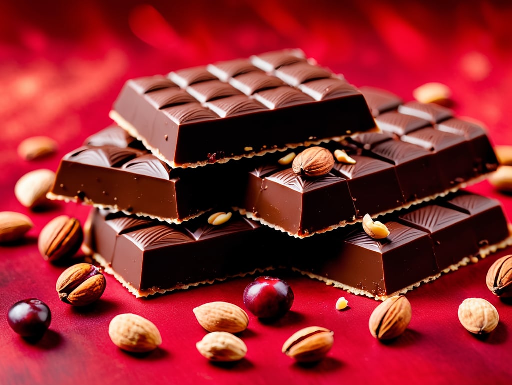 Dark Chocolate with Nuts and red Dried Cranberries bar brilliant colors nutty goodness food photography gourmet dessert chocolaty indulgence insta foodie delicious delights plane red background tempting dessert food art
