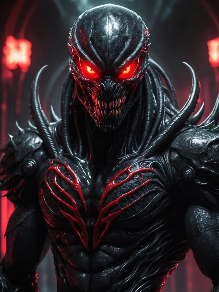 alien venom symbiote predator, gothic background, glowing neon skin tone, red eyes, horror movie theme