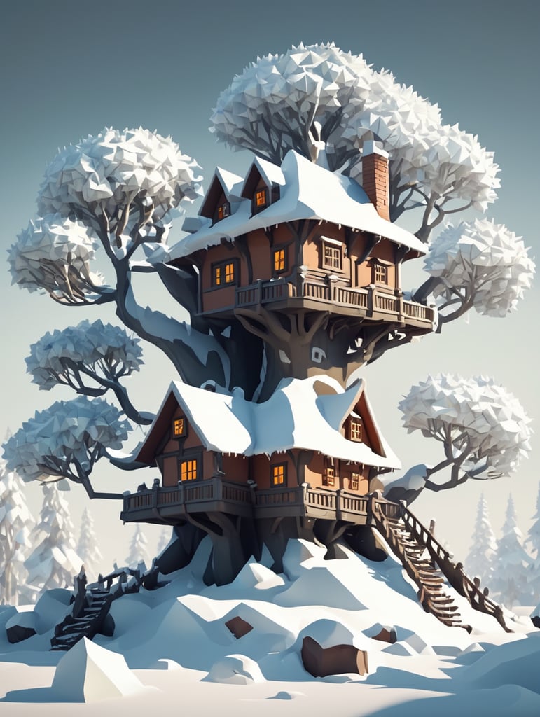 Dwarves' house on a branching tree, a lot of snow, low poly style
