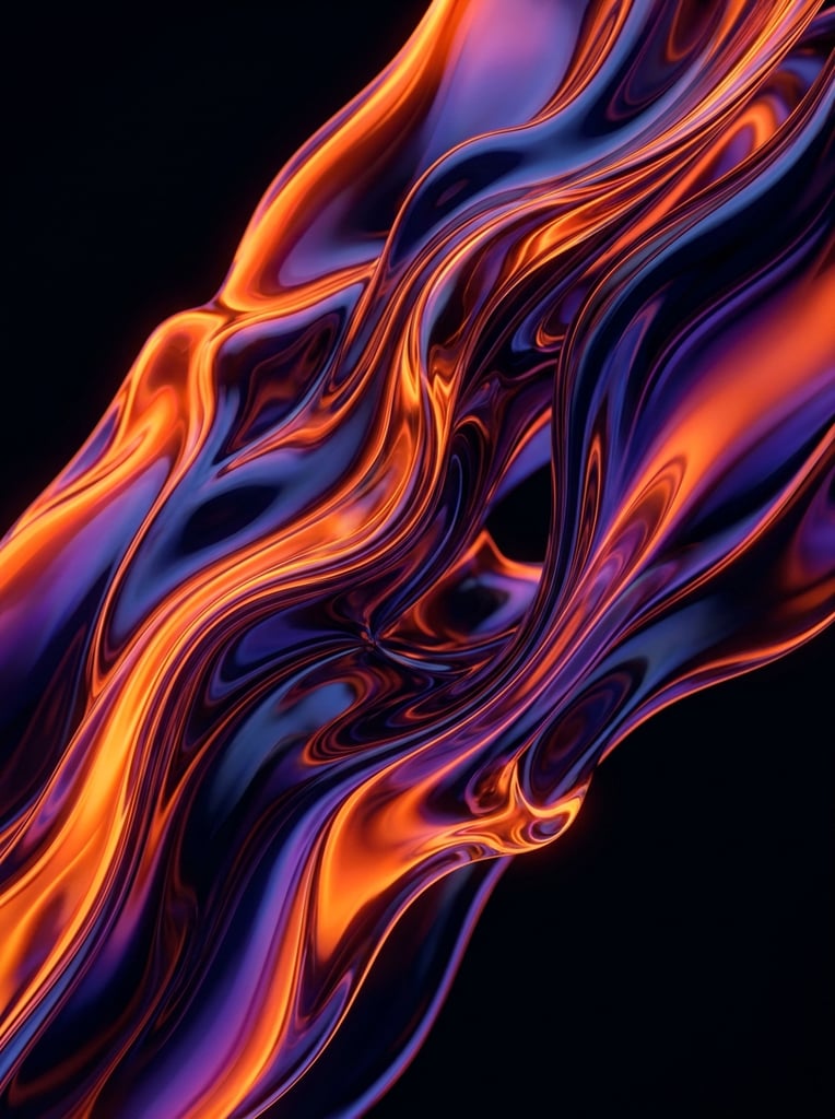 Abstract, hyper-glossy viscous forms intertwine in a continuous fluid dynamic against a pitch-black void. The molten glass-like shapes flow diagonally with bulbous ridges and deep crevices. A high-contrast palette blends vibrant neon orange with deep indigo and dark purple gradients. Crisp specular highlights trace the sweeping curves, accentuating the ultra-smooth, highly reflective texture of the thick material. The close-up macro perspective emphasizes the dramatic interplay of brilliant light, deep shadow, and vivid color refraction.