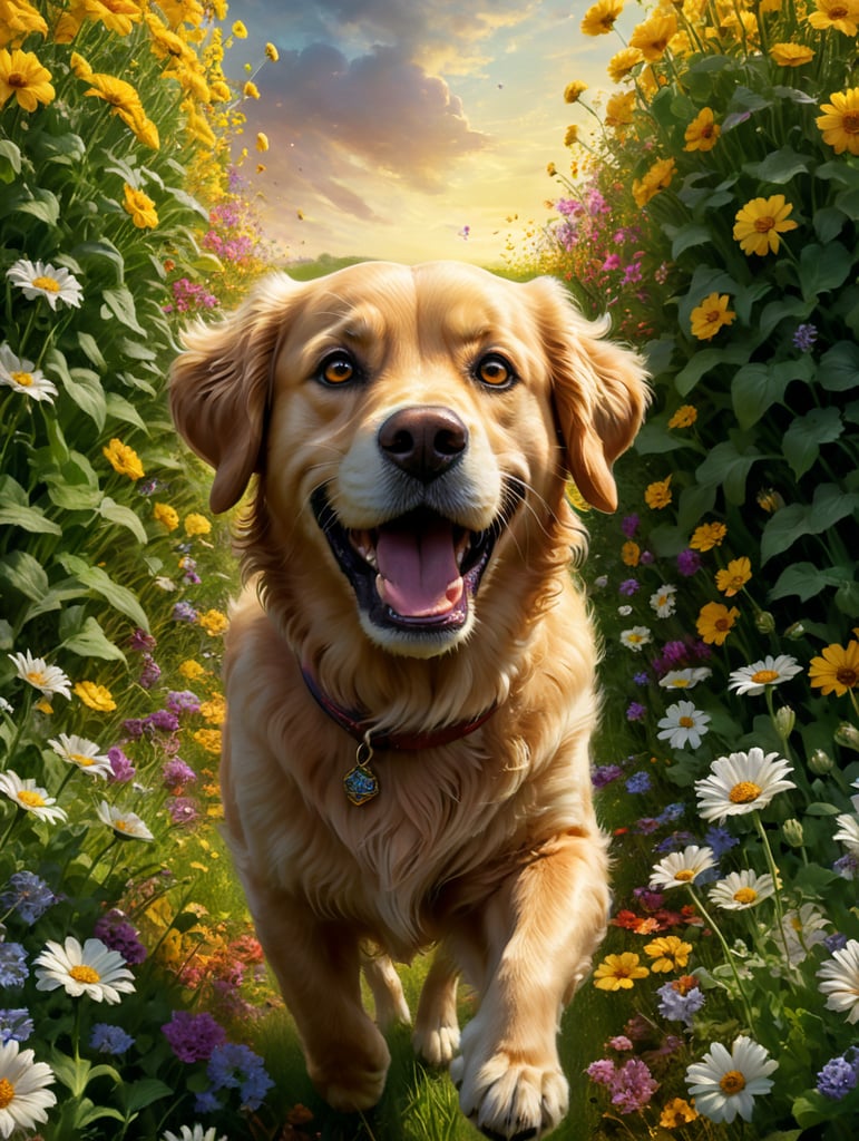 disney pixar movie poster with title'phi', a golden golden retriever with deep brown eyes with longer legs running in a field of flowers