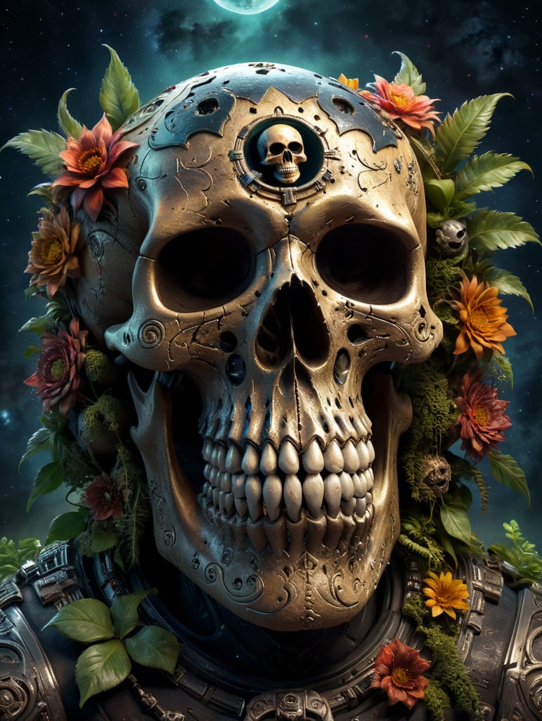 A worn out Mexican skull in outer space with plantes in the background