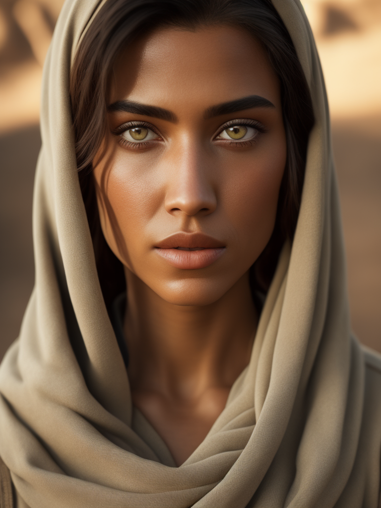 a photorealistic image of Mary from the Bible, green eyes, olive skin, tanned, extremely detailed, realistic face, natural skin texture, extremely detailed skin with skin pores, peach fuzz, wearing linen clothes, Israeli beauty, award winning photo, nikon d850 film archival photography, kodak portra 400 camera f1.6 lens, extremely detailed, amazing, fine details, rich color, texture hyper realistic, spectacular lighting, unreal engine, trending on artstation, looking at viewer, realistic photo, RAW photo, high quality, high resolution, sharp