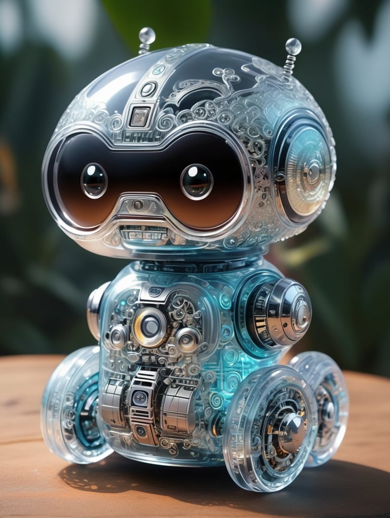 Cute aesthetic, a (tiny cute translucent polycarbonate robot) with an led screen face, emoticon, stunning render, intricate details