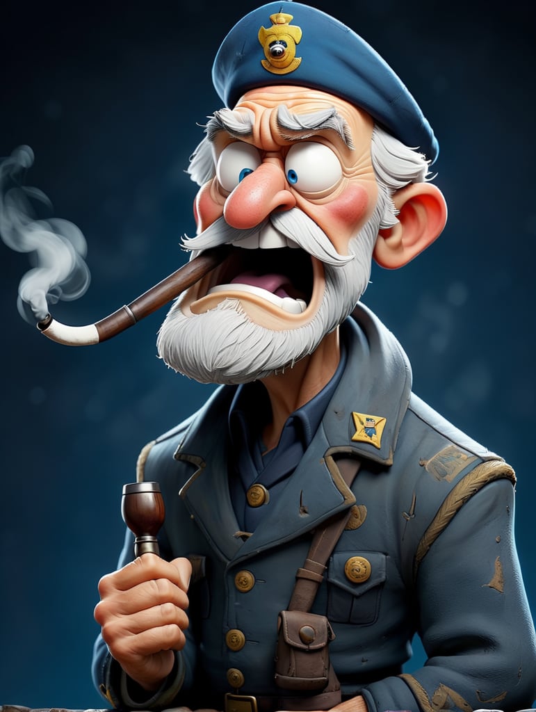 grumpy old sailor captain, torn and tattered clothes, smoking a pipe, comic book art