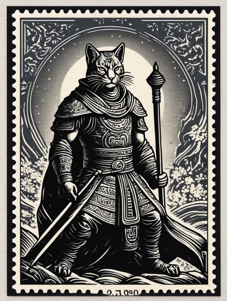 Black and white linocut postage stamp male tabaxi white and black tiger hero monk strong character thick bold dark lines