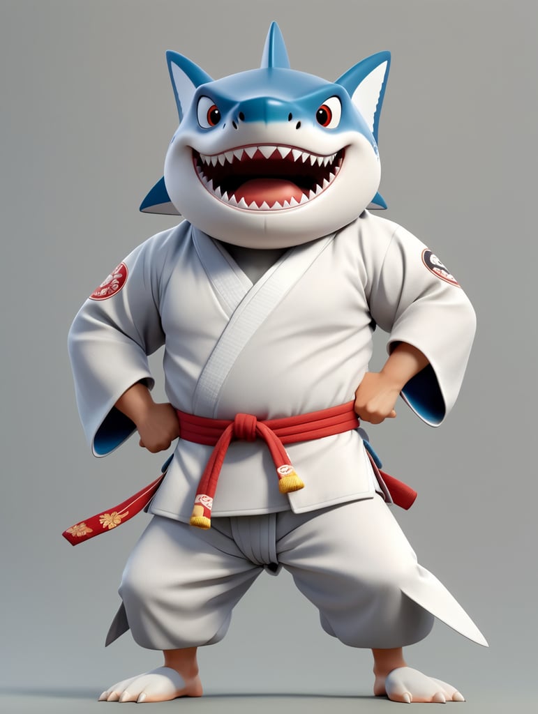 humanoid cartoon shark in judo kimono stay in action pose and angry face