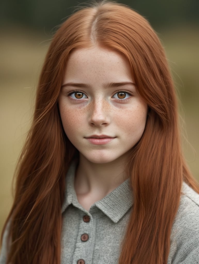 Scottish adolescent female, long auburn hair, brown eyes, freckles