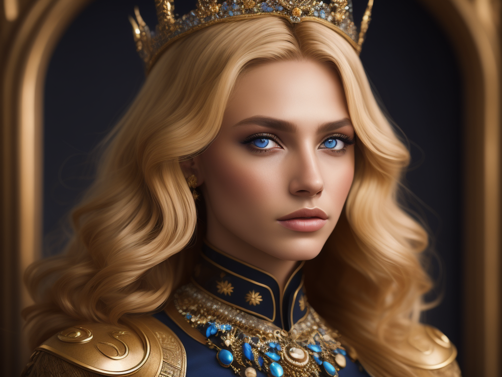 sultana, queen, blond golden wavy hair, blue eyes, Russian girl, lots of jewelry. gold.