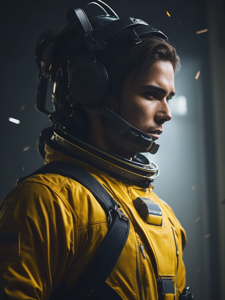 Epic portrait of an male astronaut standing on planet, dark atmosphere, hero pose, thumps up gesture, spaceship in the background, depth of field, incredibly high detailed, vibrant yellow colors, cinematic, Marvel Universe, concept art