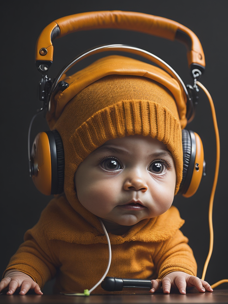 a cute baby monster character with headphone, technology style, orange color
