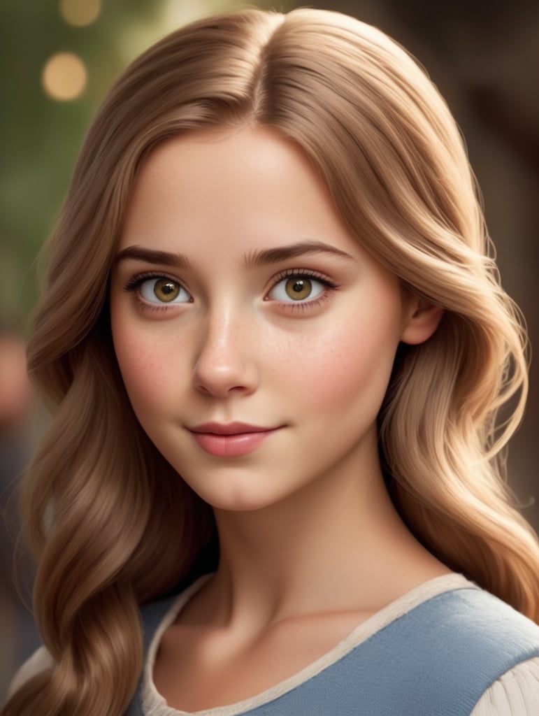 European white girl with dark eyes and light brown hair, Disney Pixar Style
