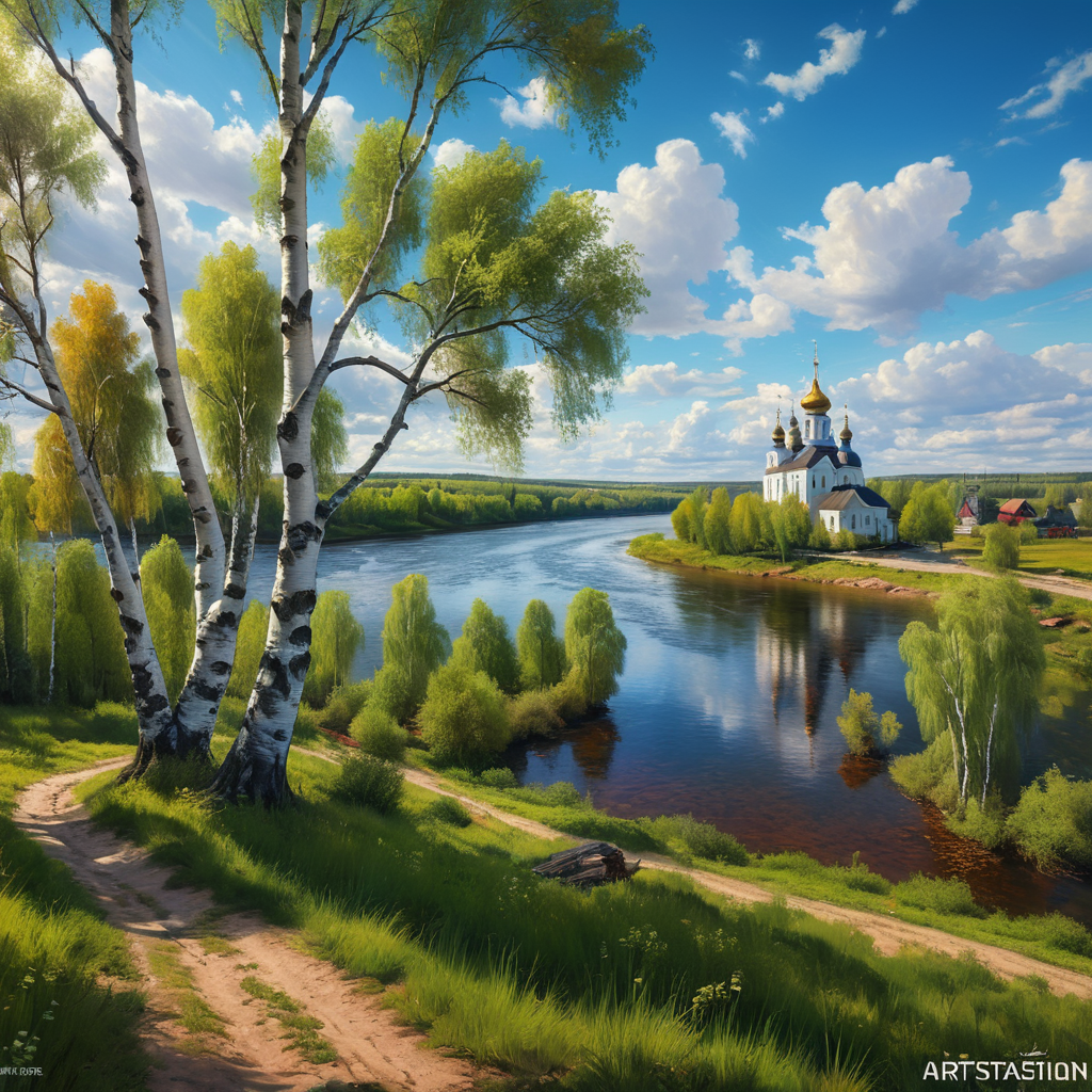 Russian landscape, view of the river from a high bank, summer, large two birch trees in the foreground, branches with dense foliage, a church and houses just below, the river and the opposite bank in the distance, blue sky with light clouds, no people, realism, high definition, watercolor style, sunlight, joy, tranquility