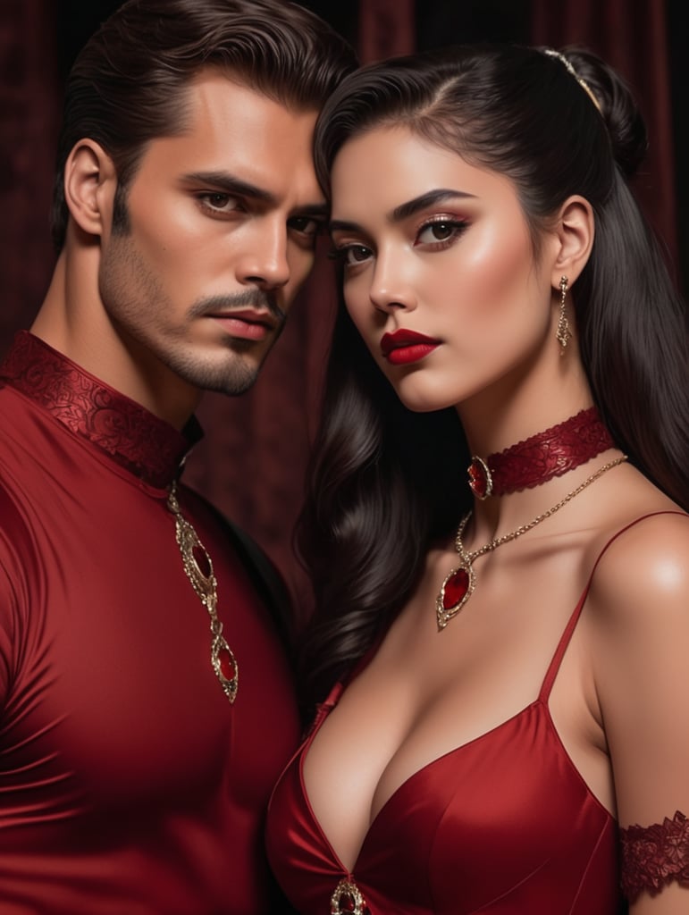 two lovers, in the style of frank thorne, romantically aesthetic, male and female models, dark academia vibes, dark background, intimate, she looks into the camera, he looks at her, she's wearing a choker around her neck and has on a red dress, he is handsome and mysterious, both have dark hair, close up