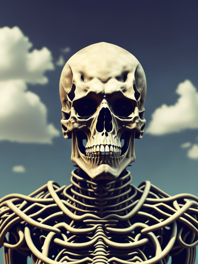 Portrait of a skeleton wearing a sui, gradient cloud background