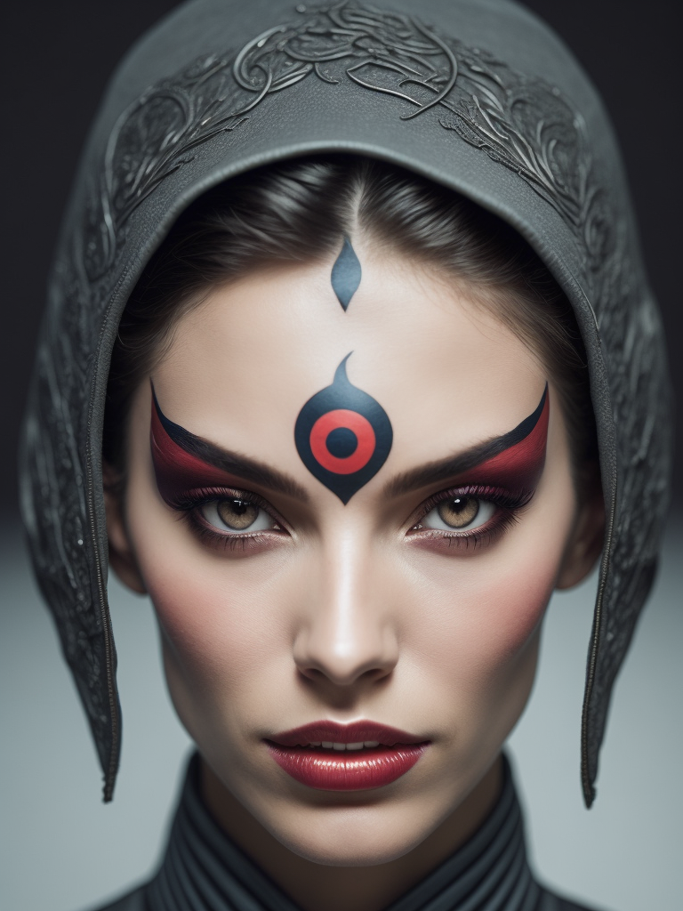 a woman with red facial tattoos and eye makeup, in the style of futuristic shapes, gregory colbert, symmetrical asymmetry, light blue and maroon, zen-inspired, gender-bending iconography, goblincore