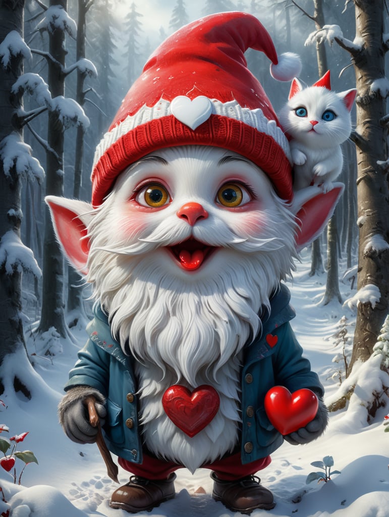 Small gnome cute face big eyes with red hat and clothes the hat covering a bit of the face gnome holding a red heart in a snowy winter forest with a white cat at his side