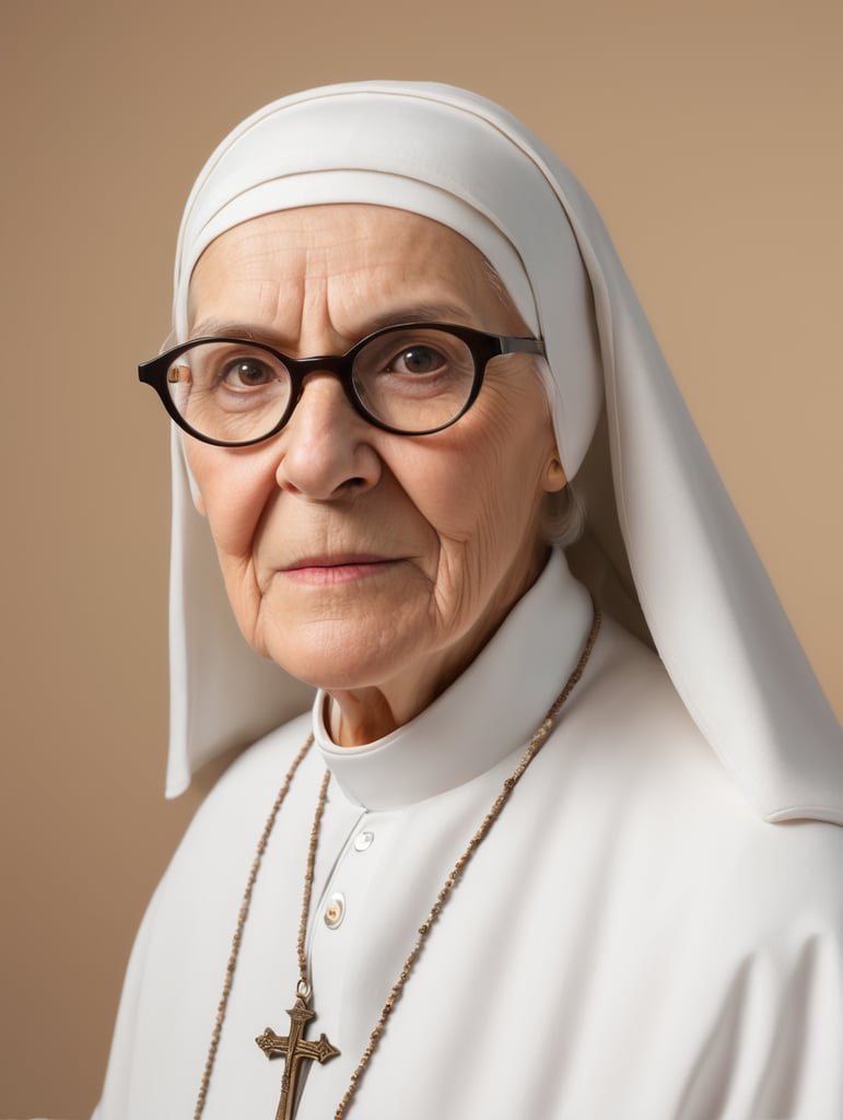 old Spanish white nun, who wears glasses, front-facing