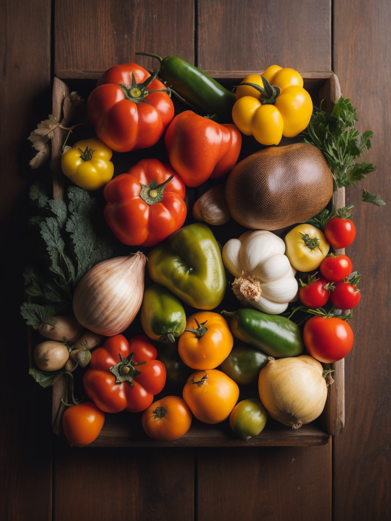 an arrangement of fresh tomatoes, peppers, potatoes and garlic freshly picked with roots soil on a rustic wooden table with greens and flowers (in the background, a stock photo, incoherents, Arcimboldo, reminiscent of a food magazine cover, professional food photography, still life, fresh produce, healthy eating colorful arrangement,artistic reference composition masterful techniques arcimboldo inspired, natural lighting with soft shadows and dappled light