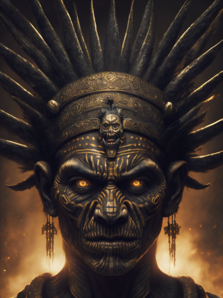 In this powerful and evocative image, mictlantecuhtli, the ancient aztec god of the underworld, emerges in all his ominous glory. rendered predominantly in stark black and white, with subtle gradations of gray, the depiction showcases the deity's menacing presence and serves as a testament to his authority. mictlantecuhtli's face embodies an intense fury, with furrowed brows and eyes ablaze with anger. his facial features are sharp and defined, with deep-set eye sockets that pierce through the darkness. elongated, bony structures form his skeletal visage, accentuating the otherworldly nature of his being. jagged teeth, stained and yellowed, protrude menacingly from his mouth, capturing his ferocity and instilling fear in those who behold him. the environment surrounding mictlantecuhtli reflects the essence of his era, transporting us to the aztec underworld known as mictlan.