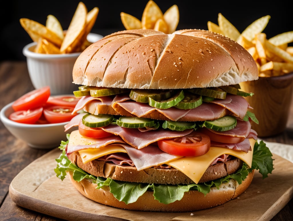 A sandwich with ham, cheese, lettuce, tomato, and mustard on whole wheat bread with chips and a pickle