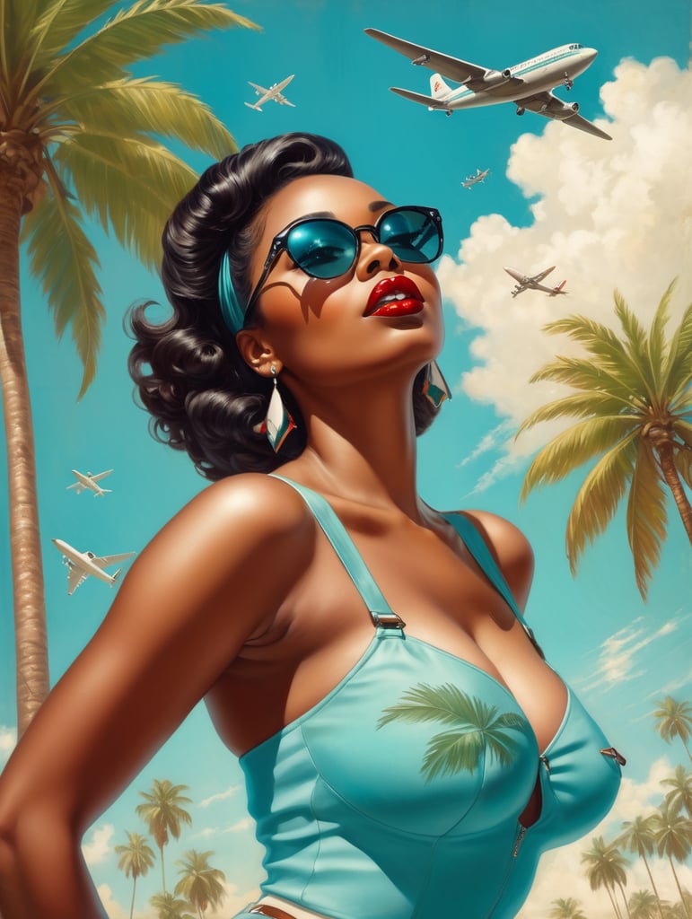 Pin up art, portrait, a black woman raised her head up, looks at the sky, sunglasses, one airplane flies in a clear sky and leaves a mark, summer, palms around, palms reflected on a sunglasses, turquoise shades, style by Gil Elvgren