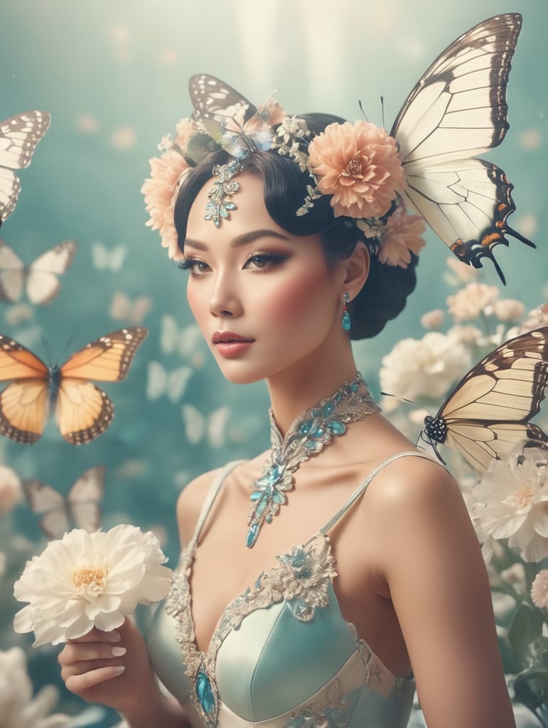 Butterfly women, cabaret imagine style portrait of a goddess, professional photo, 4k, high detail, 30mm lens, aesthetic ,flower, muted colors, cinematic style