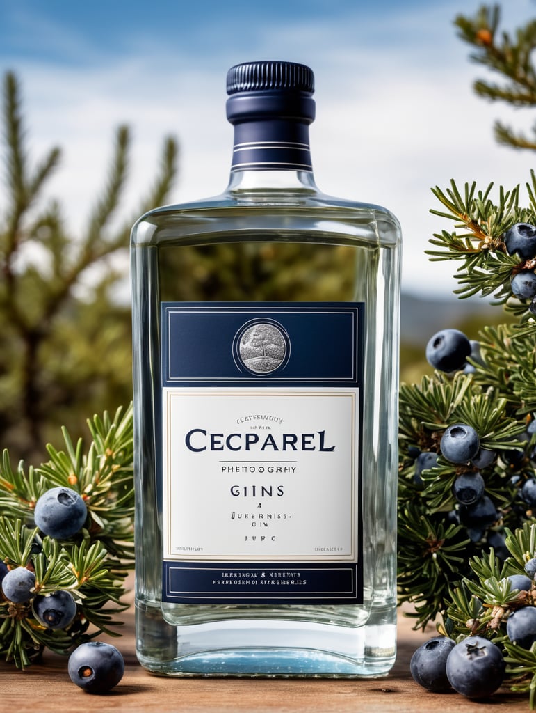 professional photography of a square gin bottle, square bottle, surrounding a juniper and juniper berries, one shot of gin in a front, no label, clear, mockup