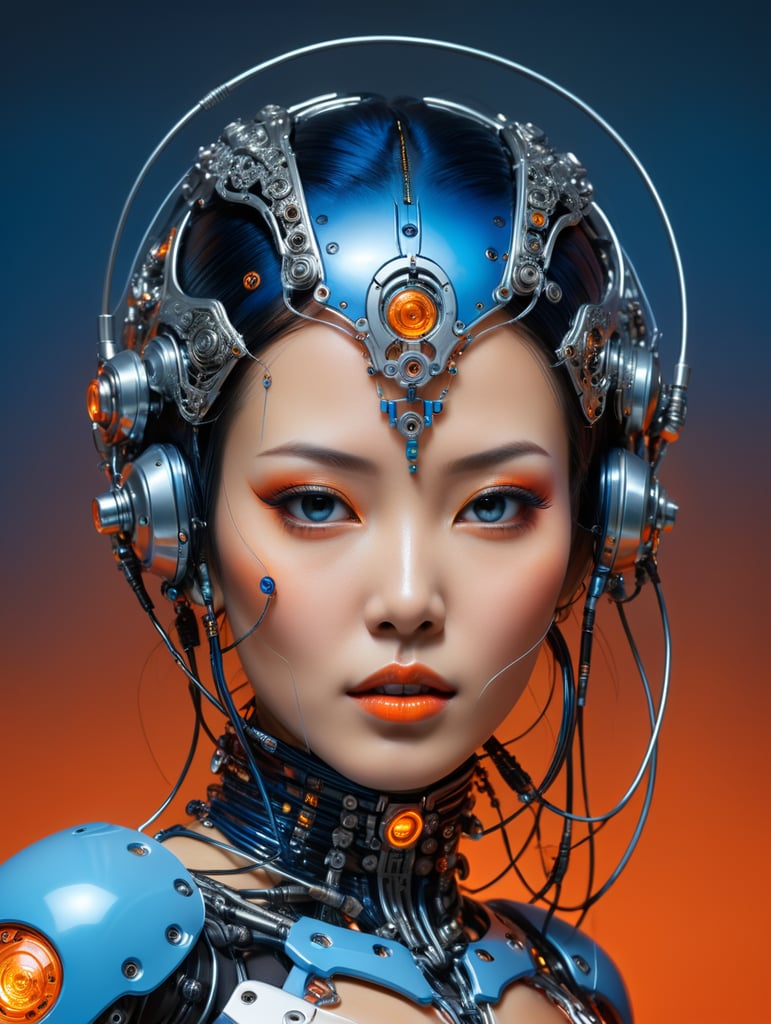 Face photography, in front of an orange and blue wall, a beauty asian cyborg woman, connected by cables and wires and led, an attractive transparent dark plexiglass latex body plc robots with silver motor head, with ray guns, 80 degree view, art by sergio lopez, natalie shau, james jean and salvador dali
