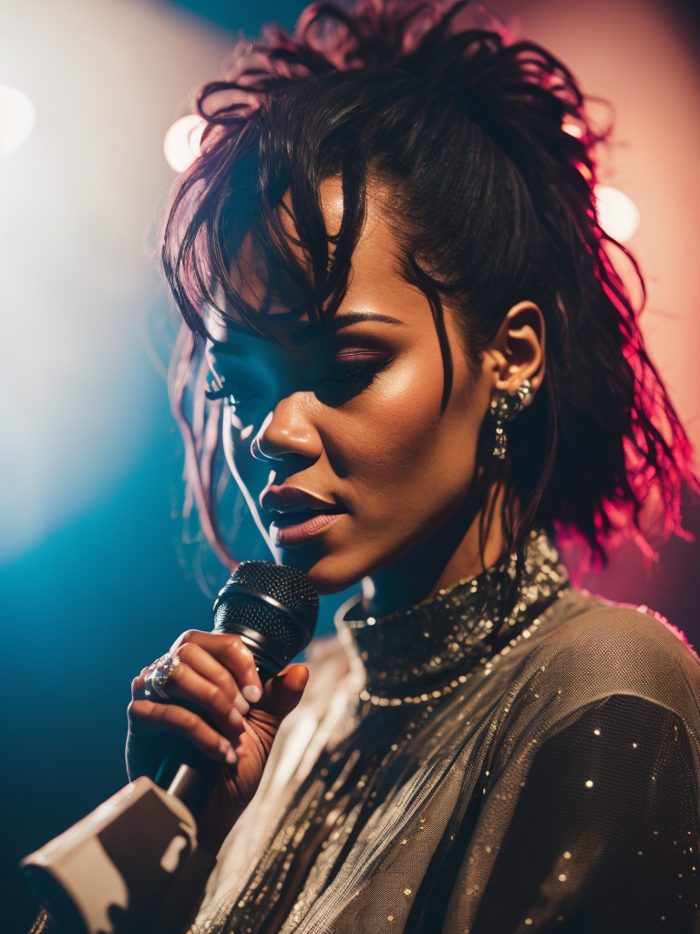 Singer Rihanna sings at a concert, spotlights, bright lights, Vivid saturated colors, Contrast light, professional photo, Detailed image, detailed face,