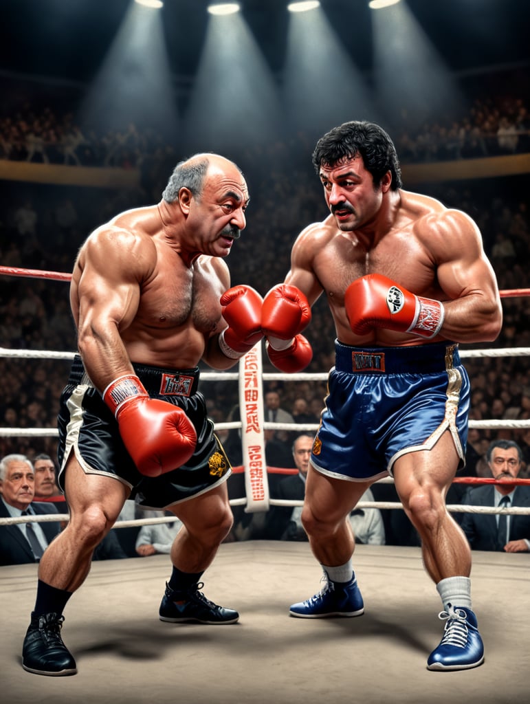 Burt Young and Rocky Balboa hitting a sack in a boxing ring as A cartoon character, such as Bugs Bunny