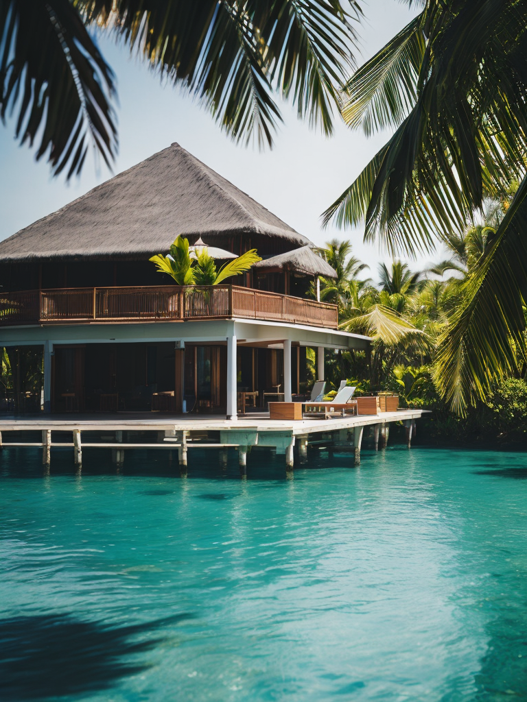 Over water villa in the maledives with the sun shining and some palms, Vibrant and rich colors, blue skies and azure oceans, photorealistic, contrast light, deep colors, Incredibly high detailed