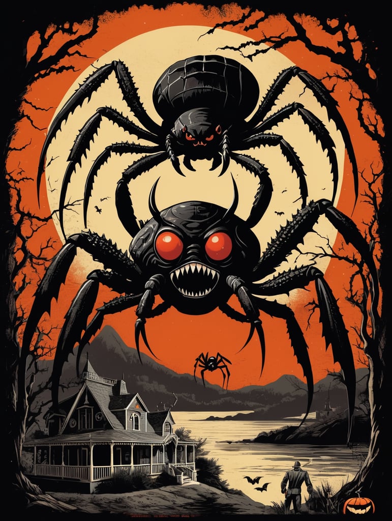 1950's b-movie horror halloween t-shirt print design featuring a giant crab and black widow spider