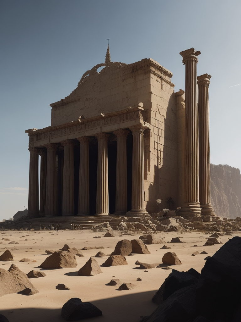 the parthanon designed by Giorgio de Chirico old and crumbling, ancient ruin Remnants of a futuristic highly developed society, machine-like lines, poster art style, magic atmosphere, desertcore, grimdark, drawn and colored by Michael Whelan, ink marks, fine lines, bold painterly brush strokes