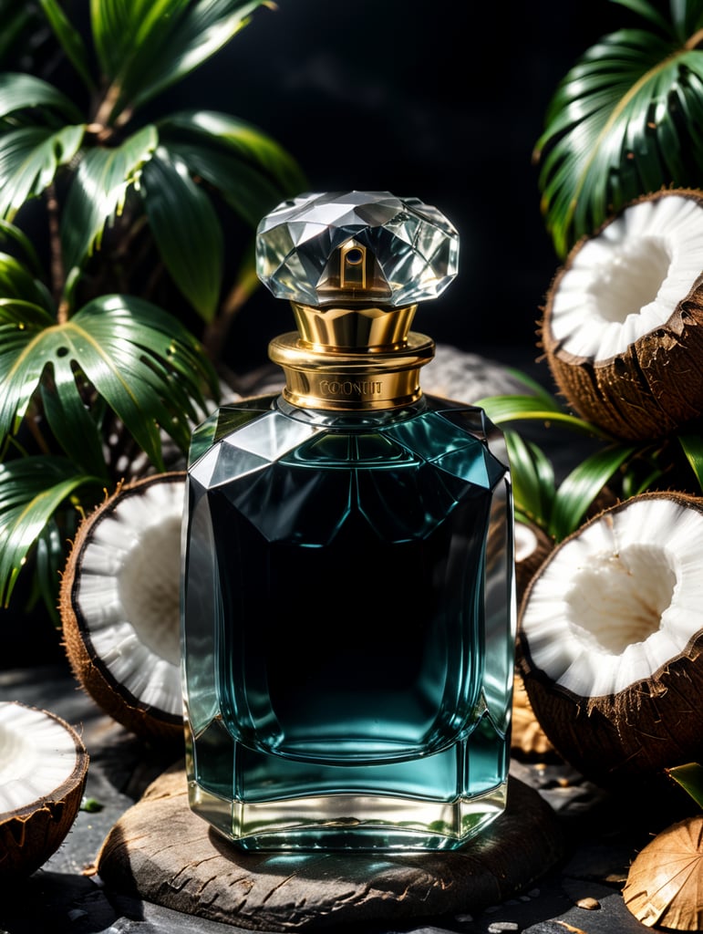 professional photography of a luxury perfume, square bottle, faceted stone in the form of a cap, surrounding a coconut, no label, clear, mockup