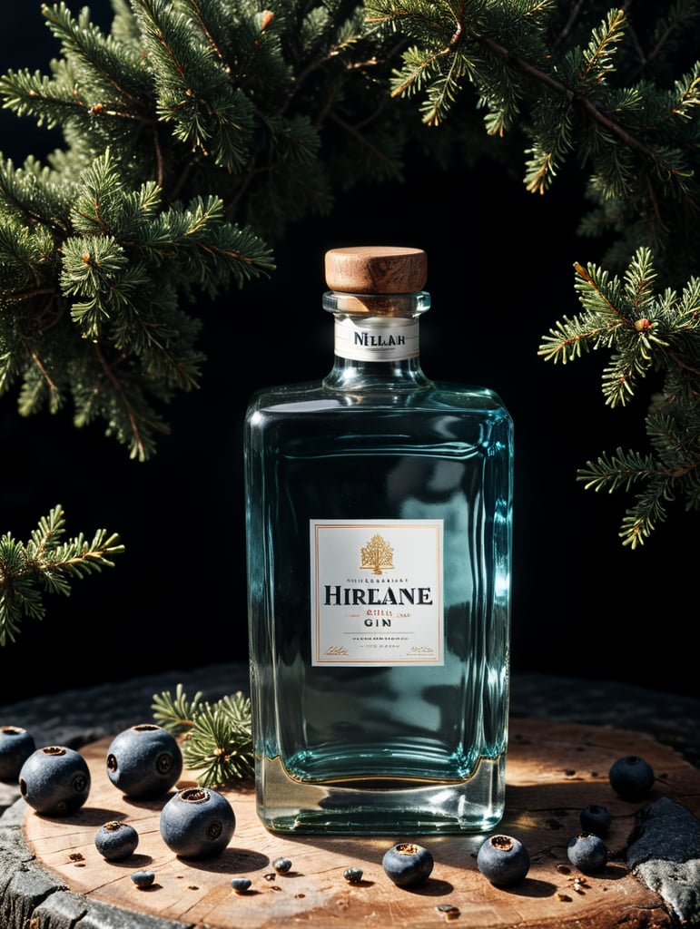 professional photography of a square gin bottle, square bottle, surrounding a juniper and juniper berries, one shot of tequila, salt, no label, clear, mockup